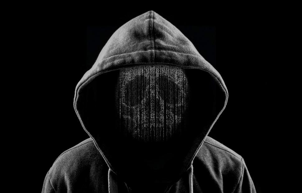 Download Free Stock Photo of Hooded Hacker as a Skull of Computer Code 