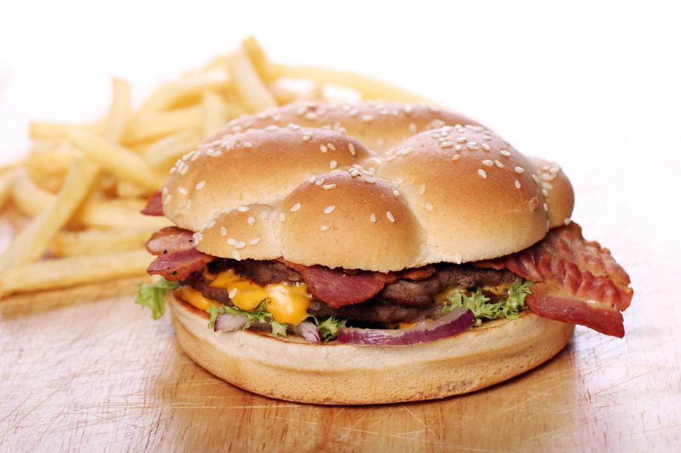 Free Image of Big bacon burger and chips 