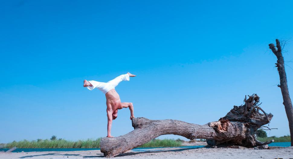 Free Image of Handstand on driftwood with blue sky 