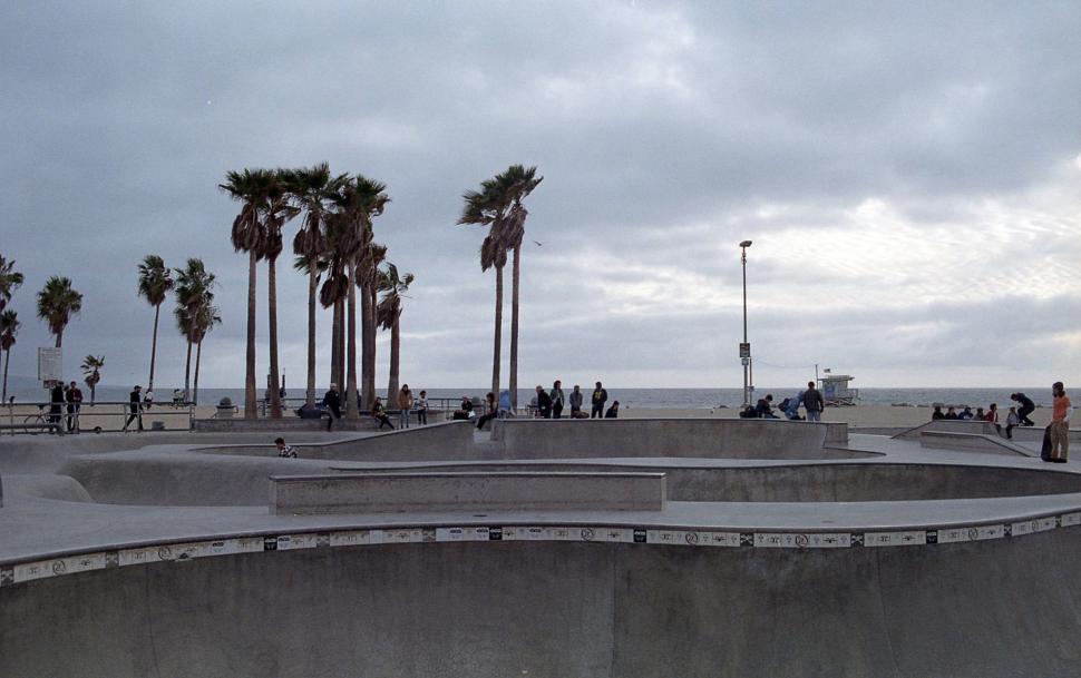 Free Image of Venice beach skateboard park with ocean 