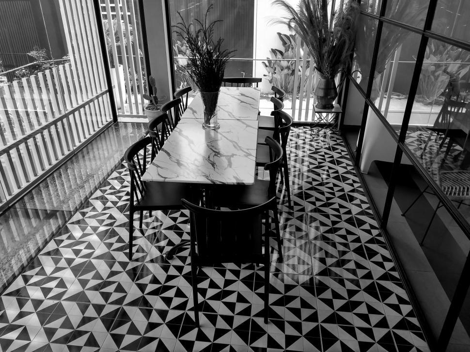 Free Image of Dining room interior black and white  