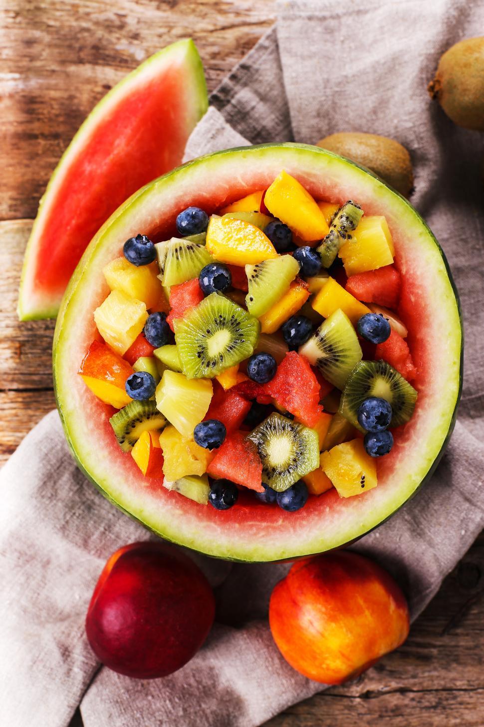 Free Image of Fruit salad made in hollowed out watermelon 