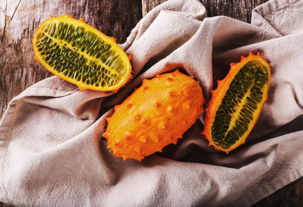 Free Image of Whole horned melon in fabric  