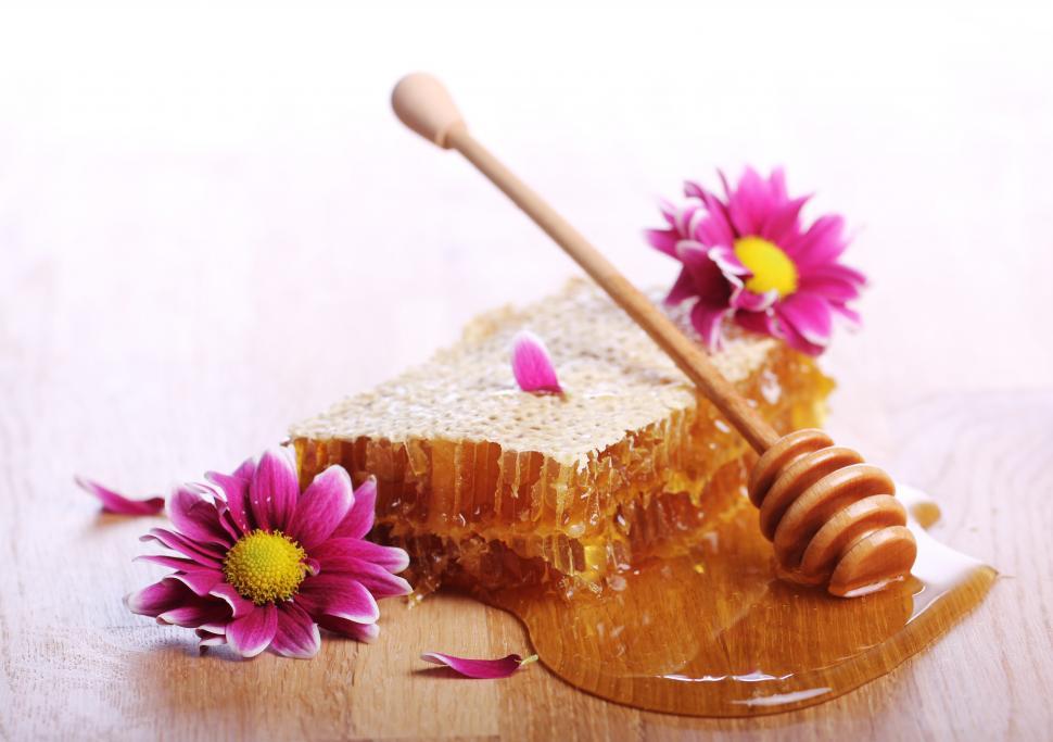 Free Image of Honeycomb and flowers on the wooden table 