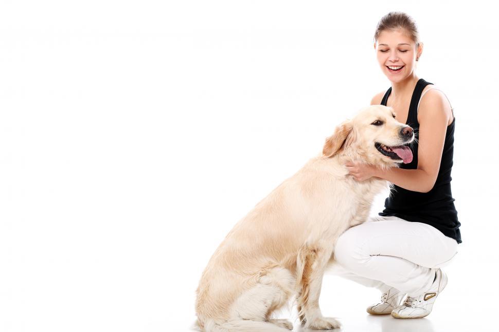Free Image of Happy woman and her beautiful white dog 