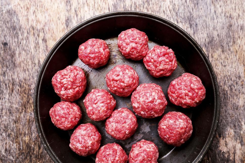 Free Image of Raw meatballs in a cast iron pan 