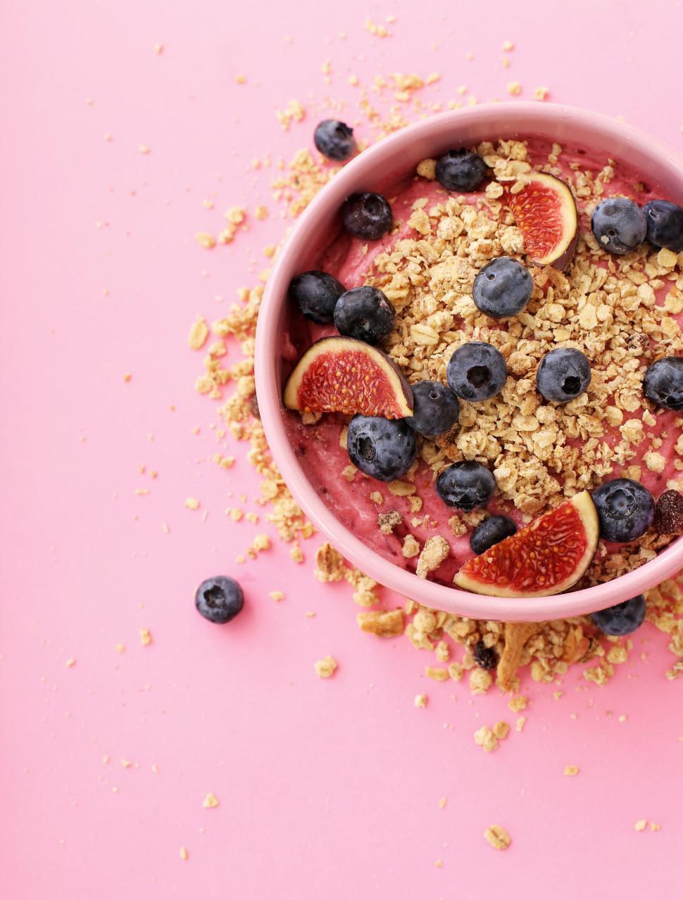 Free Image of Breakfast of granola, figs and blueberries, from above 
