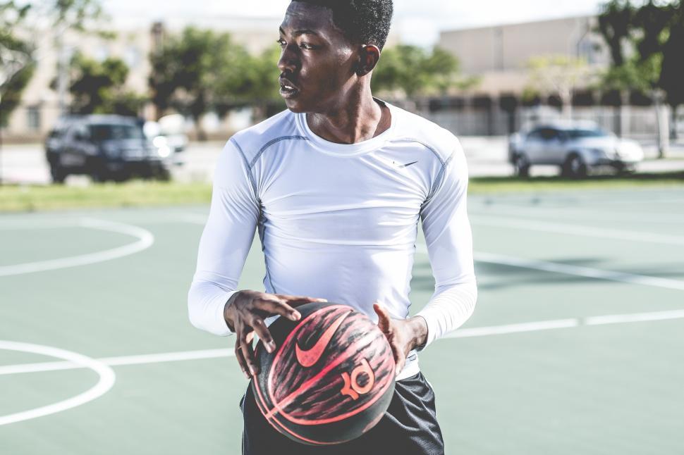 Free Image of Male basketball player with ball at the outdoor basketball court 