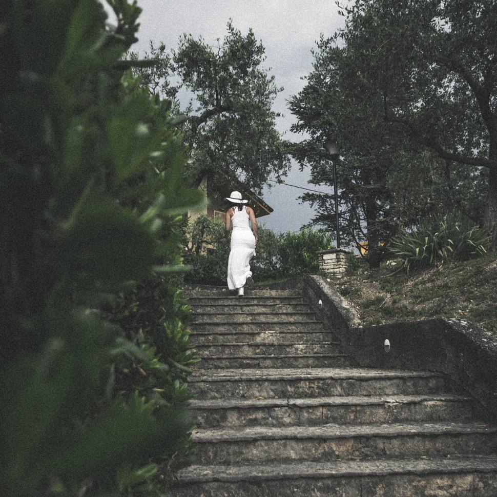 Free Image of Woman in white dress climbing the stone stairs, surrounded by tr 
