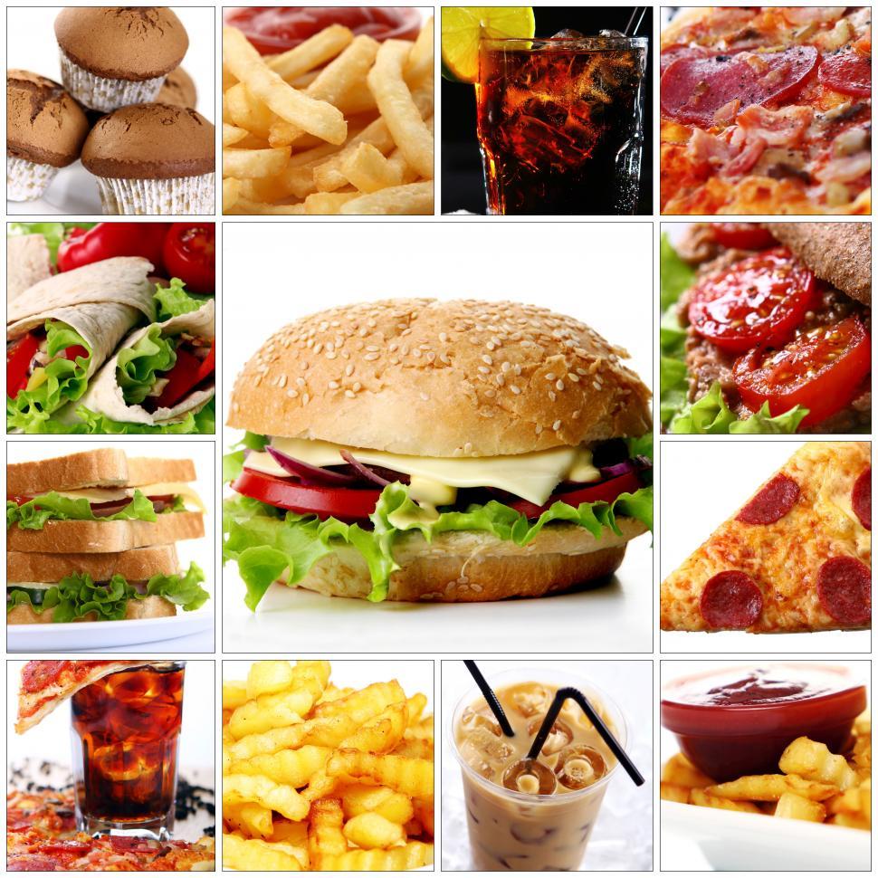 Free Image of Fast Food Collage with Cheeseburger in center 