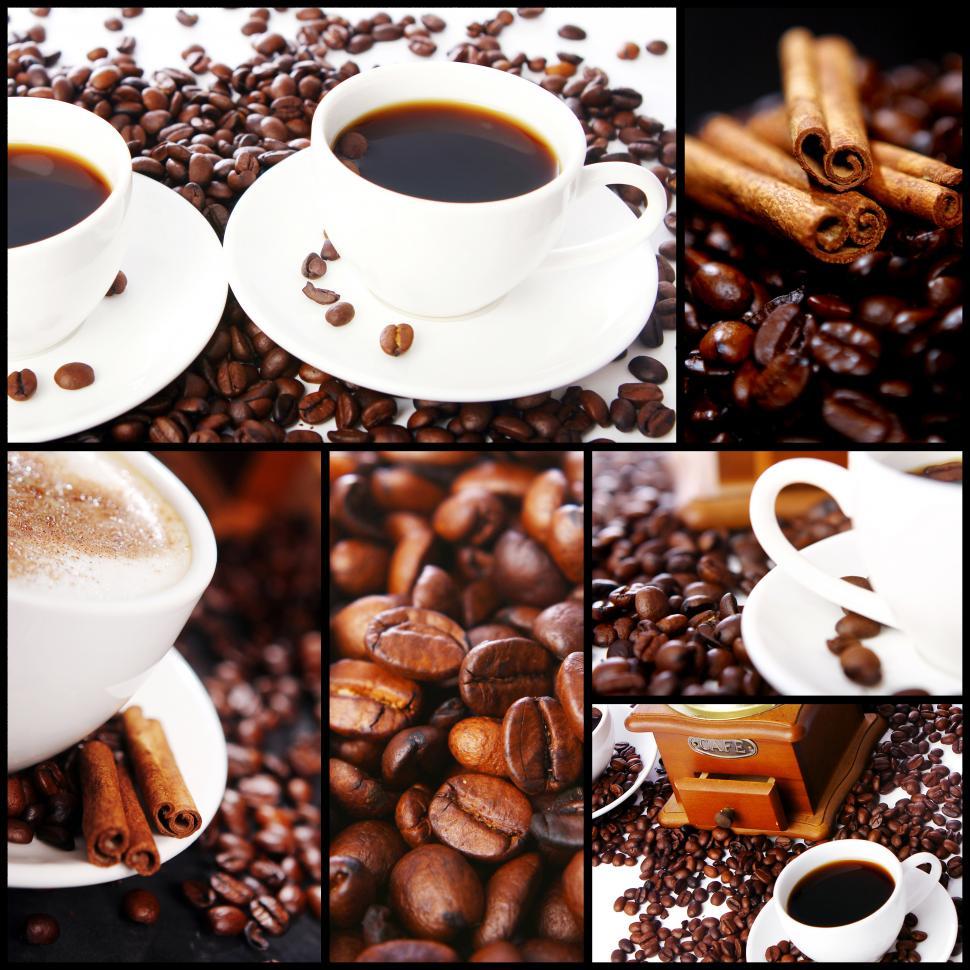 Free Image of Coffee Collage - beans, cinnamon sticks and brew 