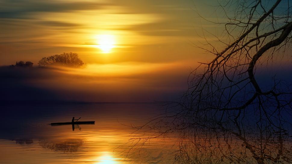 Free Image of Boat and river with yellow sunset 