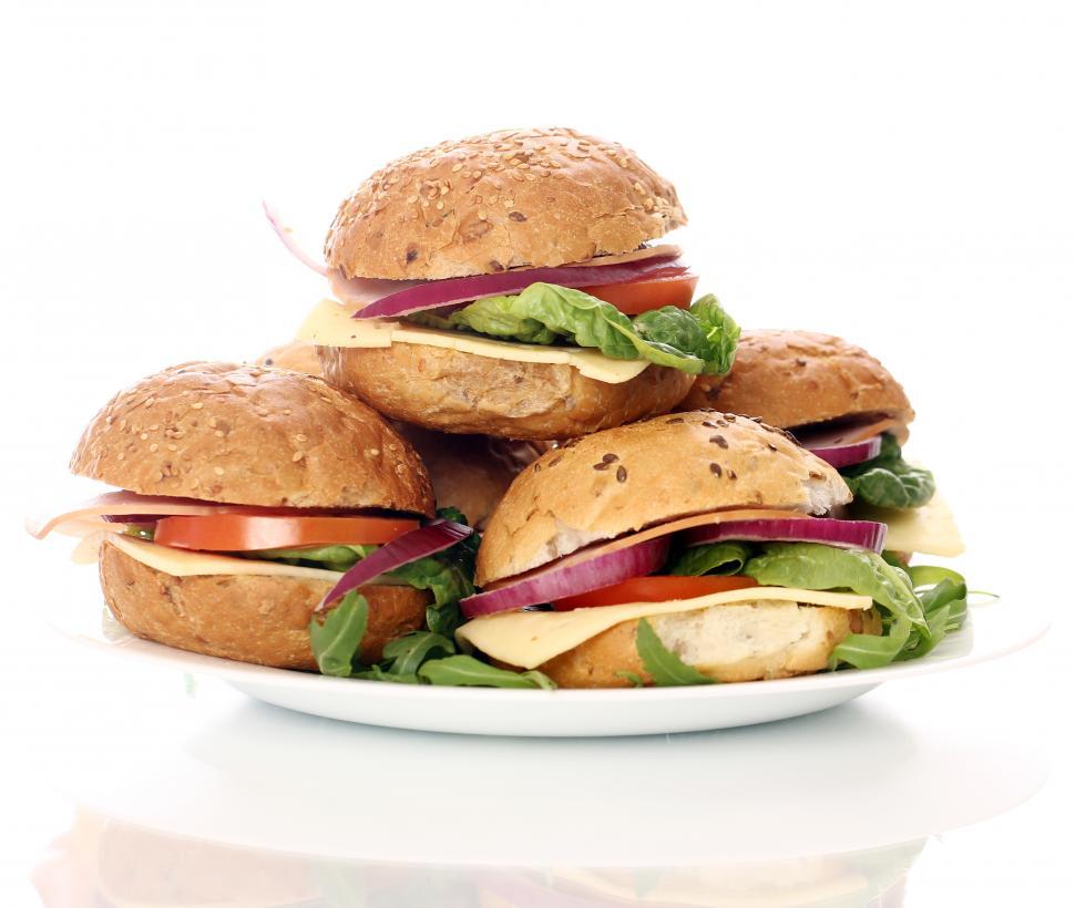 Free Image of Pile of homemade sandwiches on rolls 
