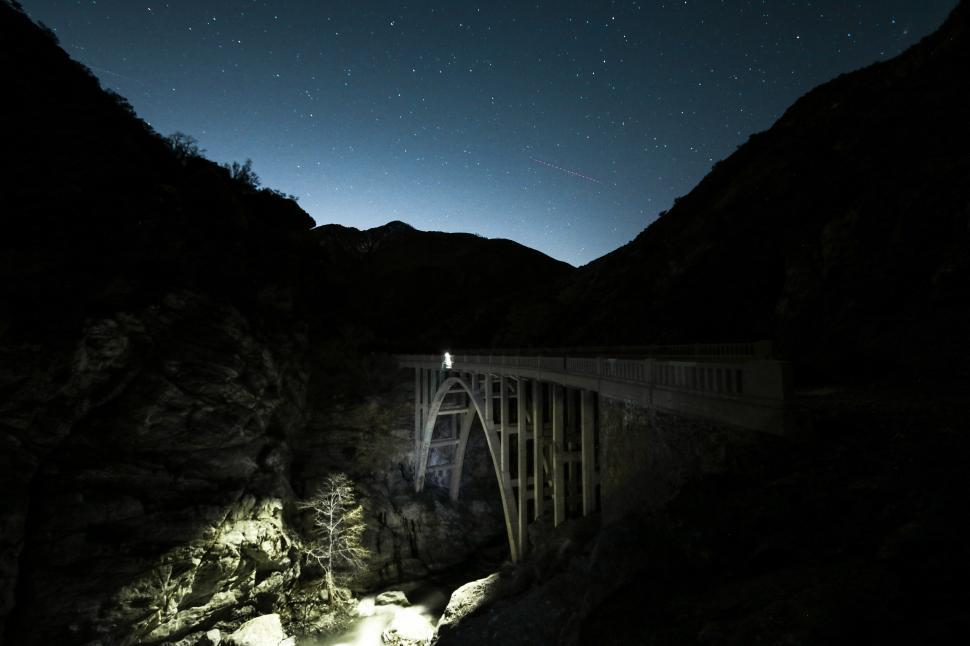 Free Image of Bridge and mountains at night 