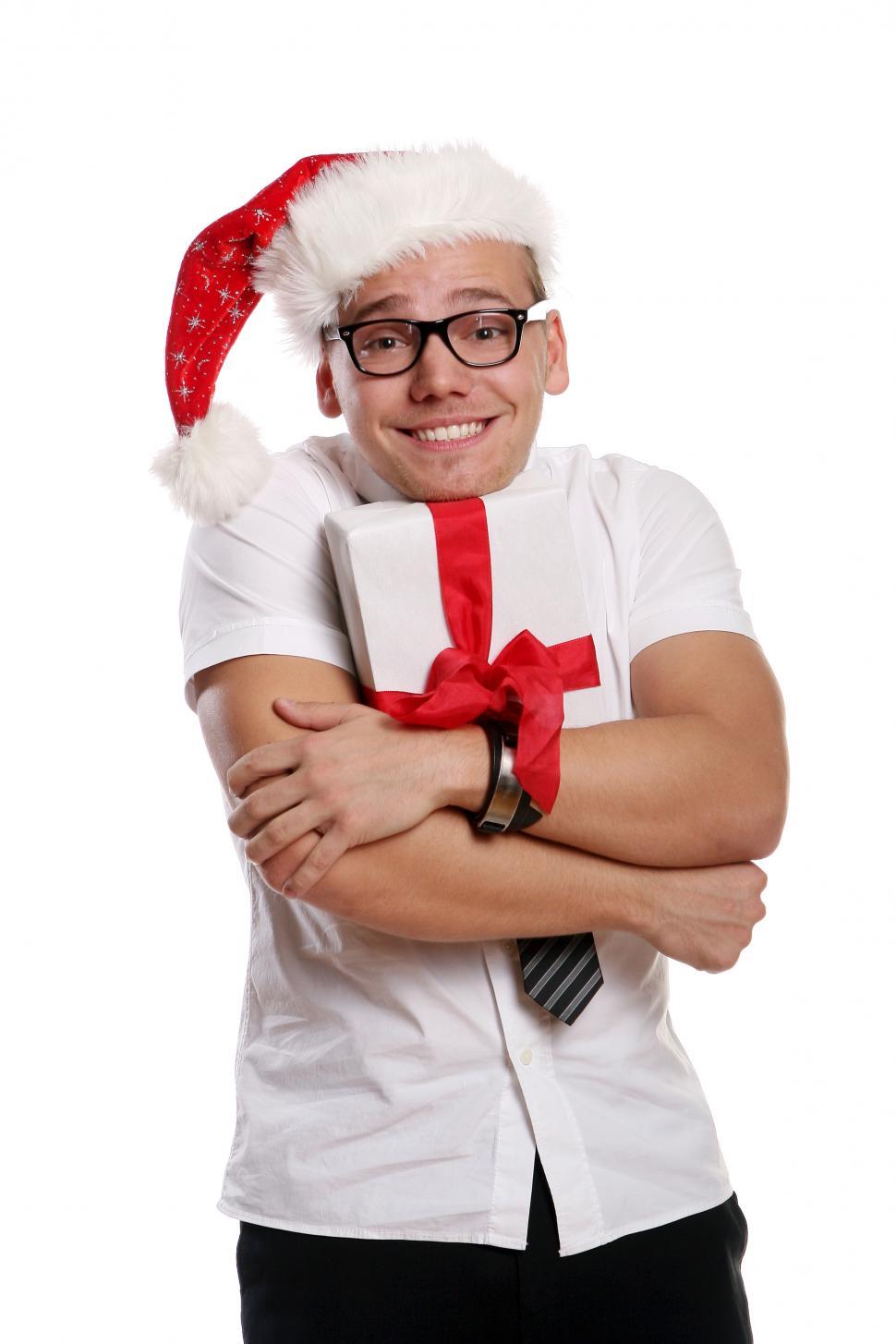 Download Free Stock Photo of Holiday office party gift guy 