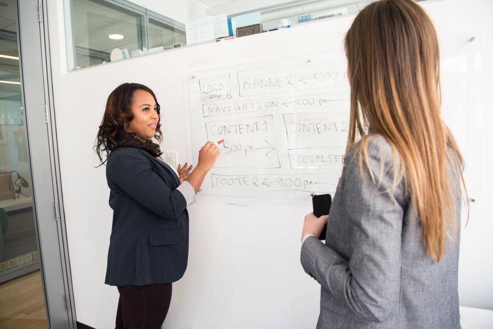 Free Image of Two business women with marker pen and whiteboard 