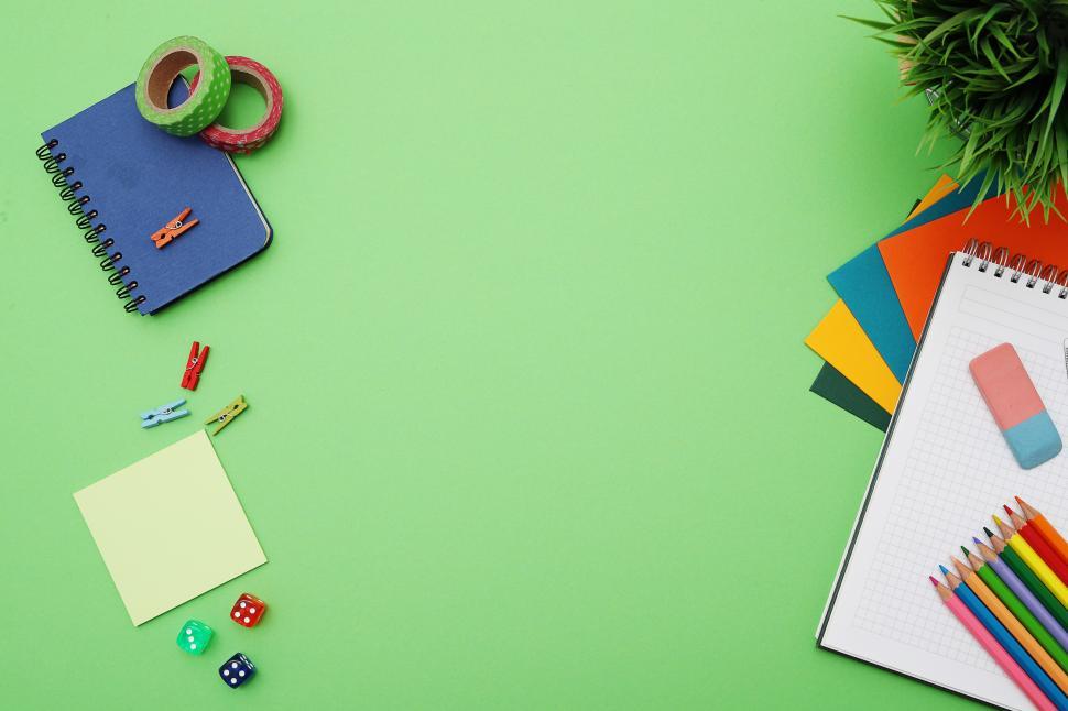 Download Free Stock Photo of Stationery on green background 
