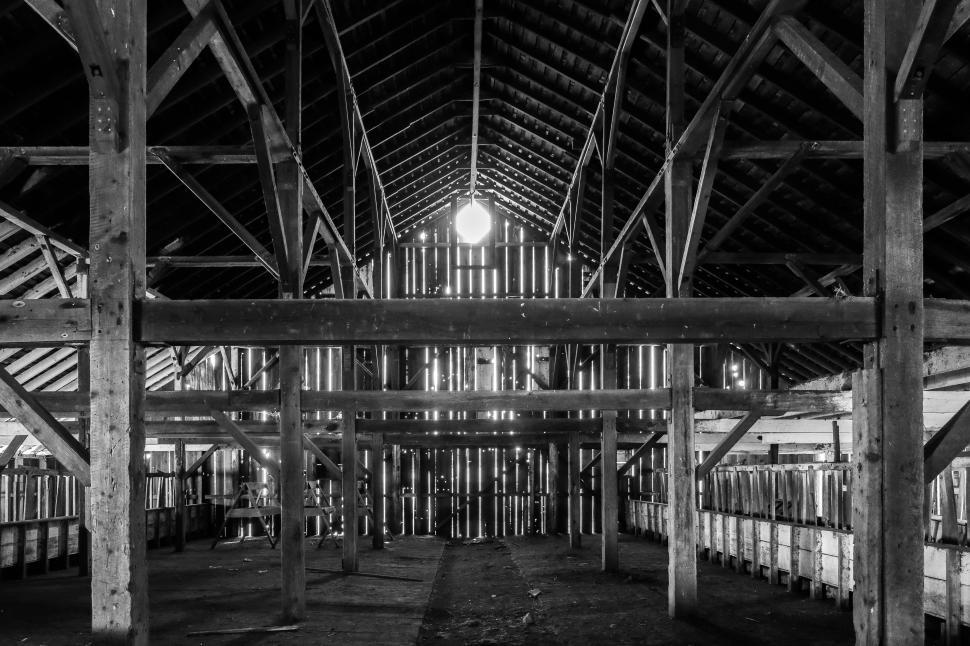 Download Free Stock Photo of Inside an old barn, black and white 