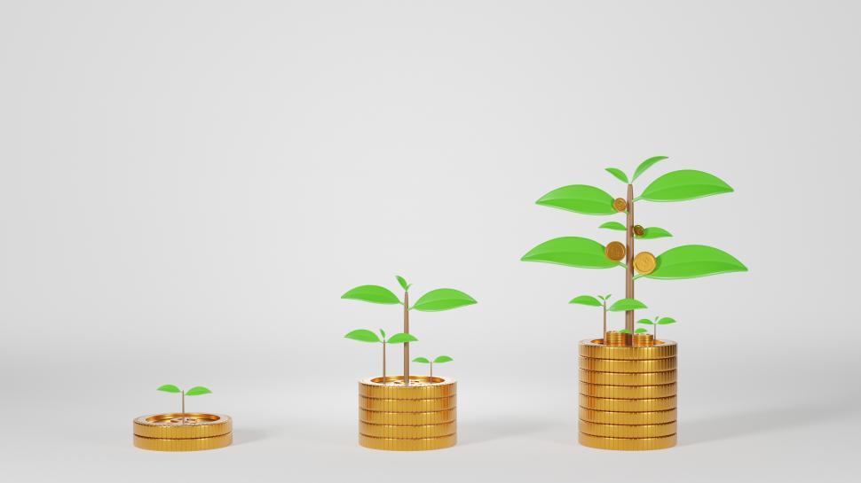 Free Image of 3D render of three row of coins with plant on coins and seedlings 