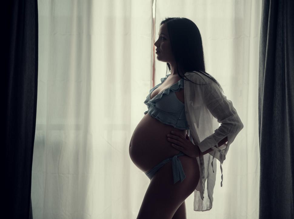 Free Image of Pregnant woman standing against window 