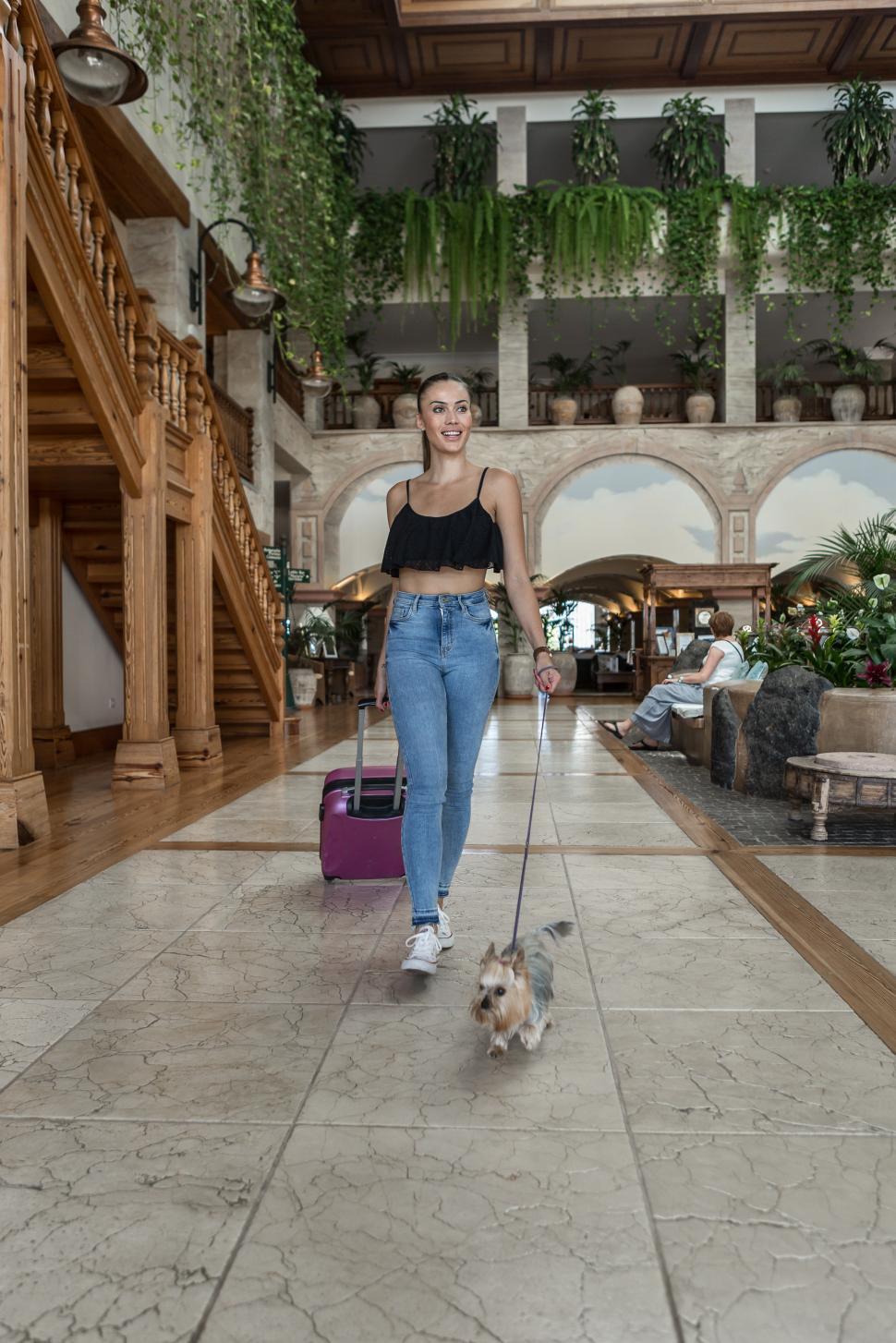 Download Free Stock Photo of Female traveler with dog walking in hotel 