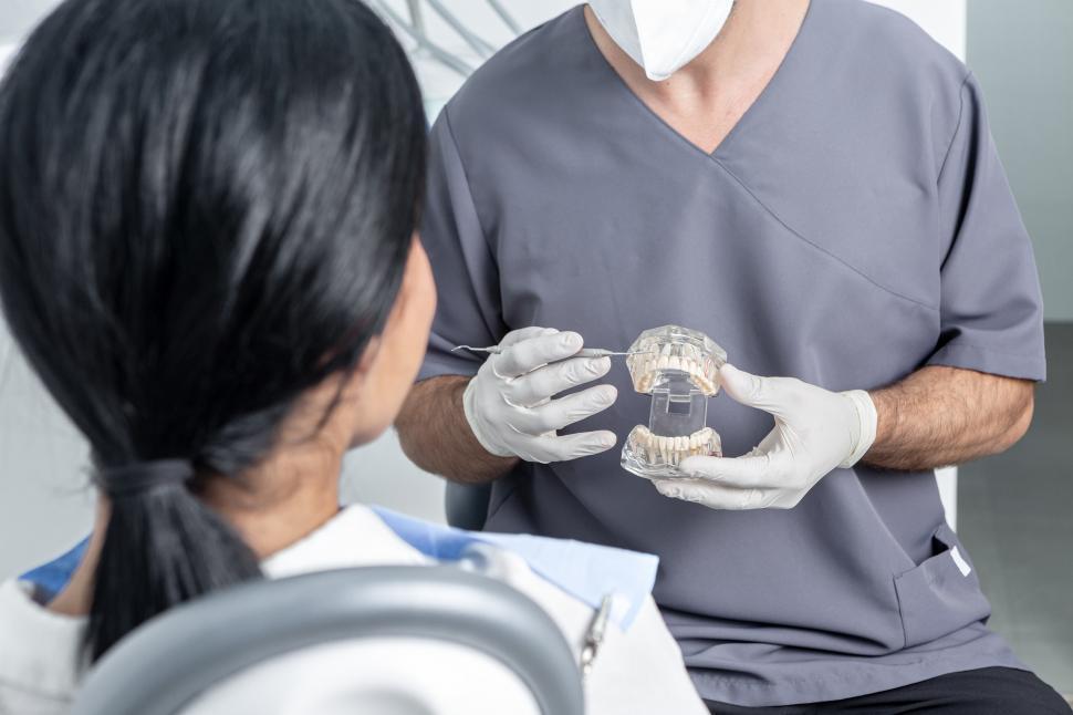 Free Image of Dentist showing a dental mould to a patient  