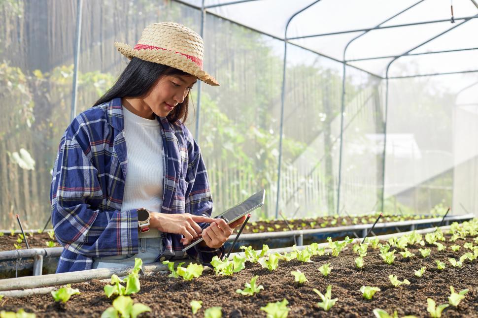 Free Image of Young female researcher holds a tablet in a nursery filled with sprouts 