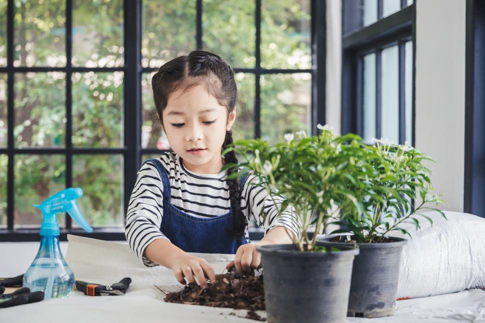 Free Image of Little girl is taking care of plants 