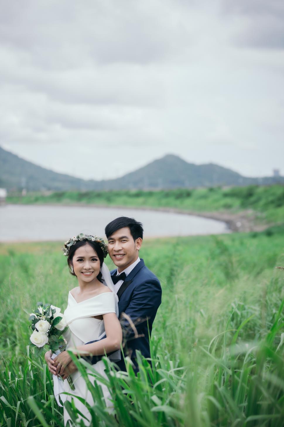 Free Image of Newlyweds are posing in green field 