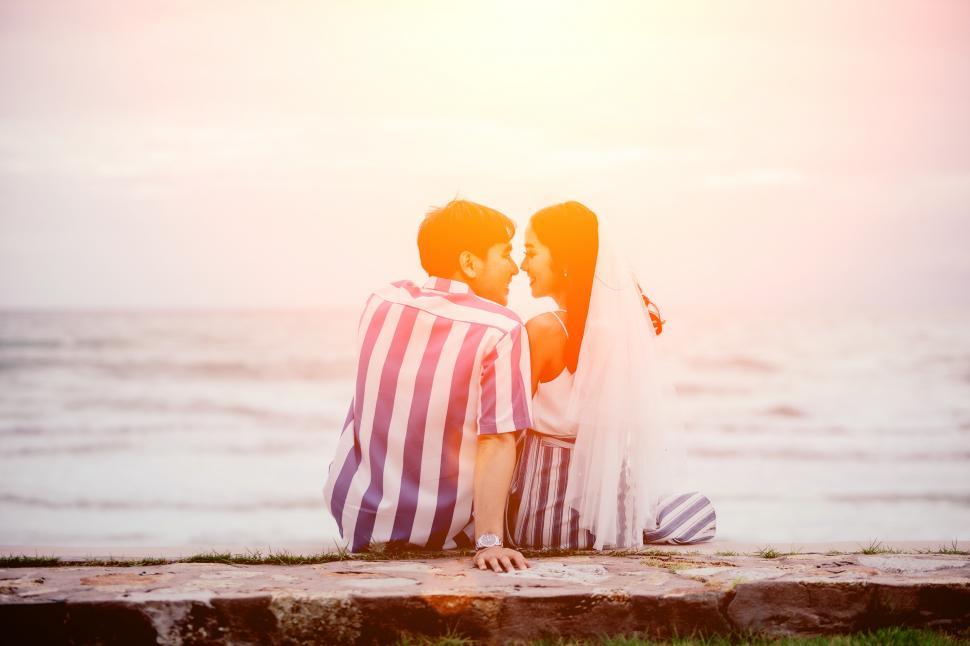 Free Image of Rear view of a happy couple sitting together at the beach 