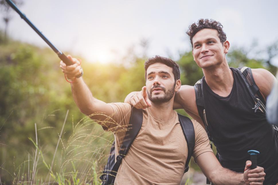 Download Free Stock Photo of Hikers with selfie stick 