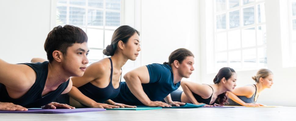 Free Image of Group of people practice yoga at fitness 