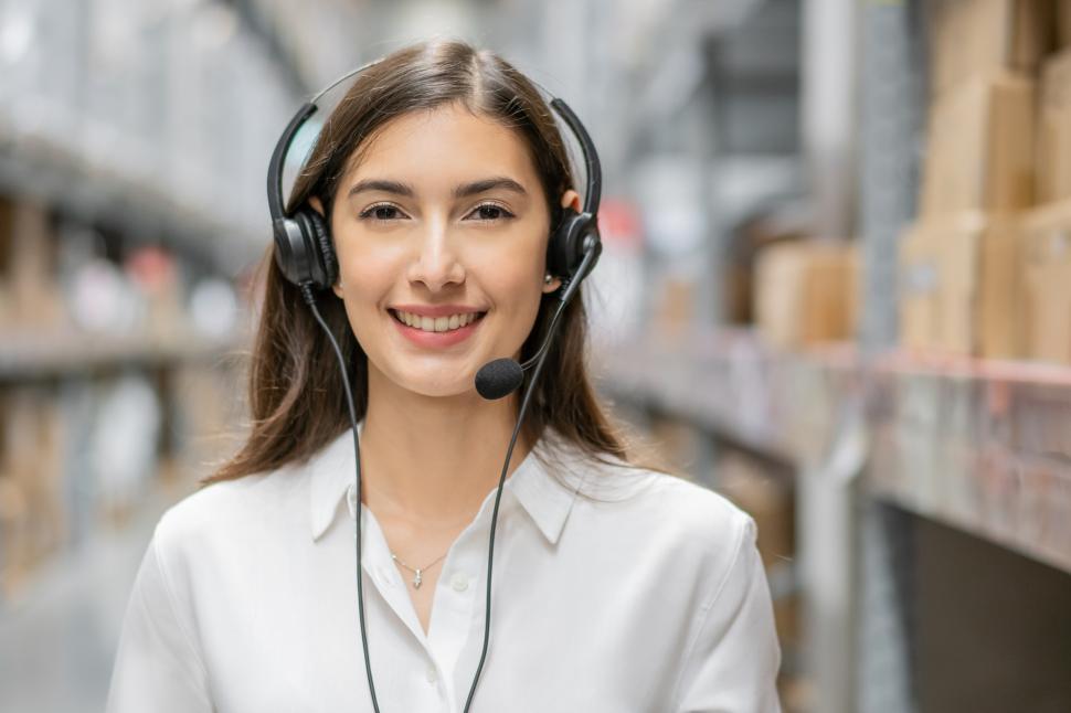 Free Image of Portrait of smiling woman staff listening and talking on headset 