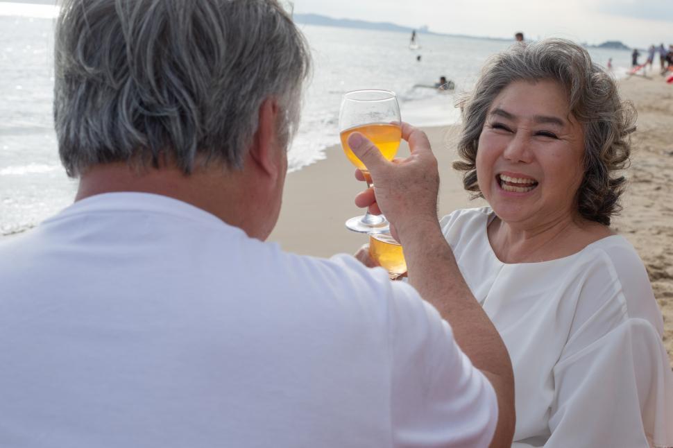 Free Image of Senior couple toasting glasses and drinking wine at the beach 