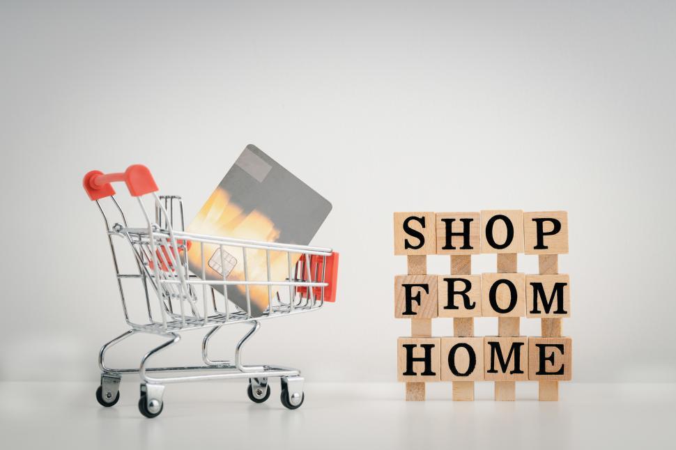 Download Free Stock Photo of Shop from home  message on wooden blocks and credit card 