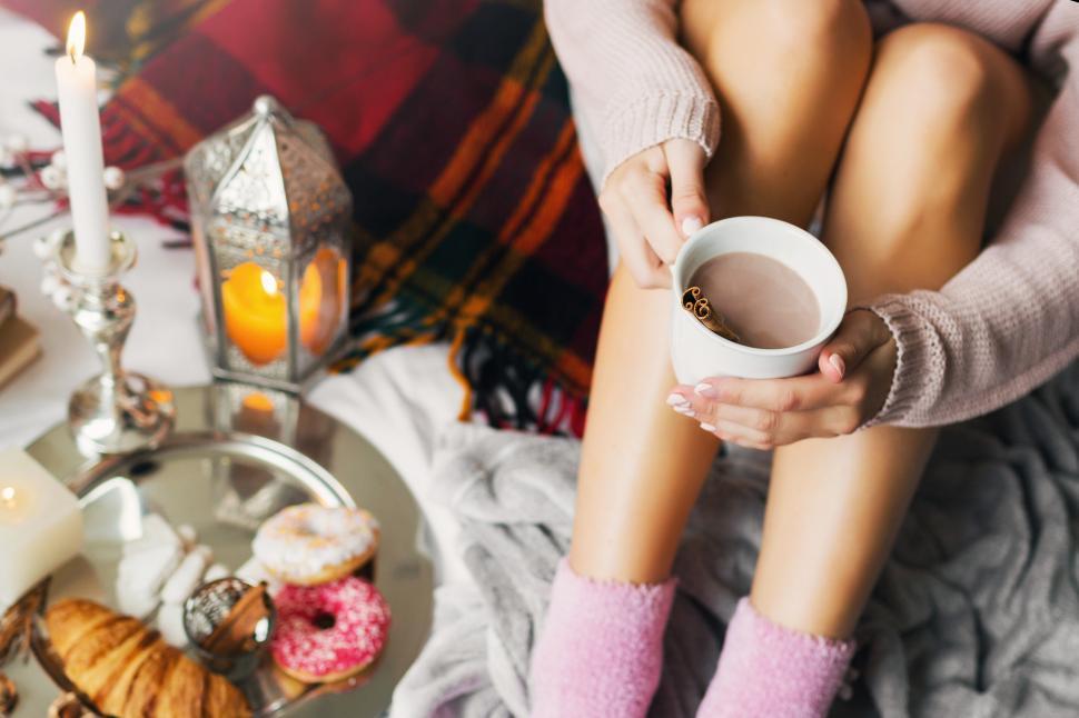 Download Free Stock Photo of Woman enjoying  morning time in her bed with breakfast 