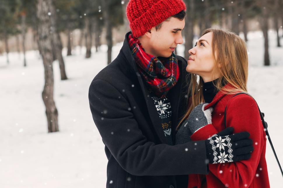 Free Image of Loving couple in natural winter park 