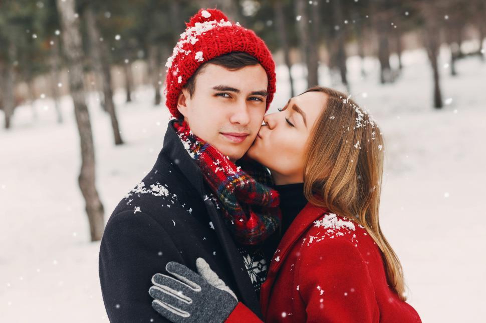 Download Free Stock Photo of Romantic couple in winter park 