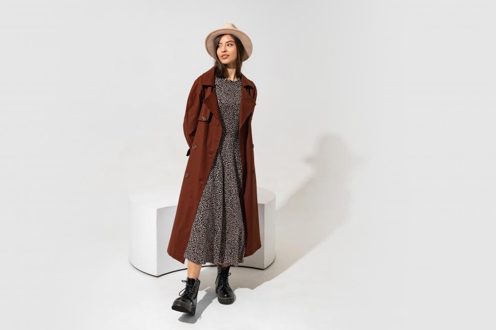 Free Image of Stylish brunette model in brown coat 