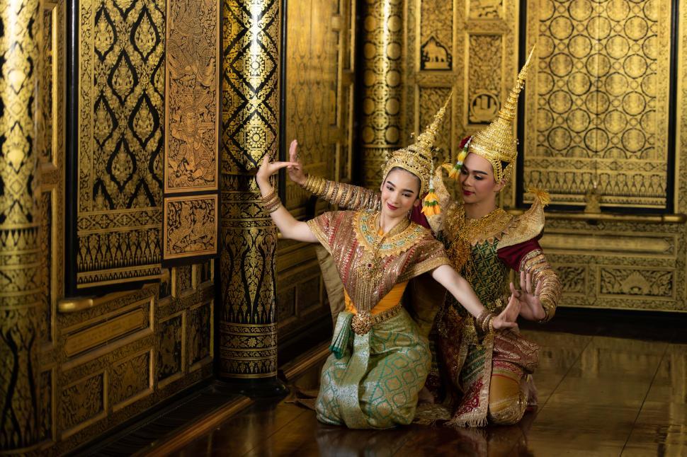 Free Image of Khon, Is a classical Thai dance done masked except these two charaters. 