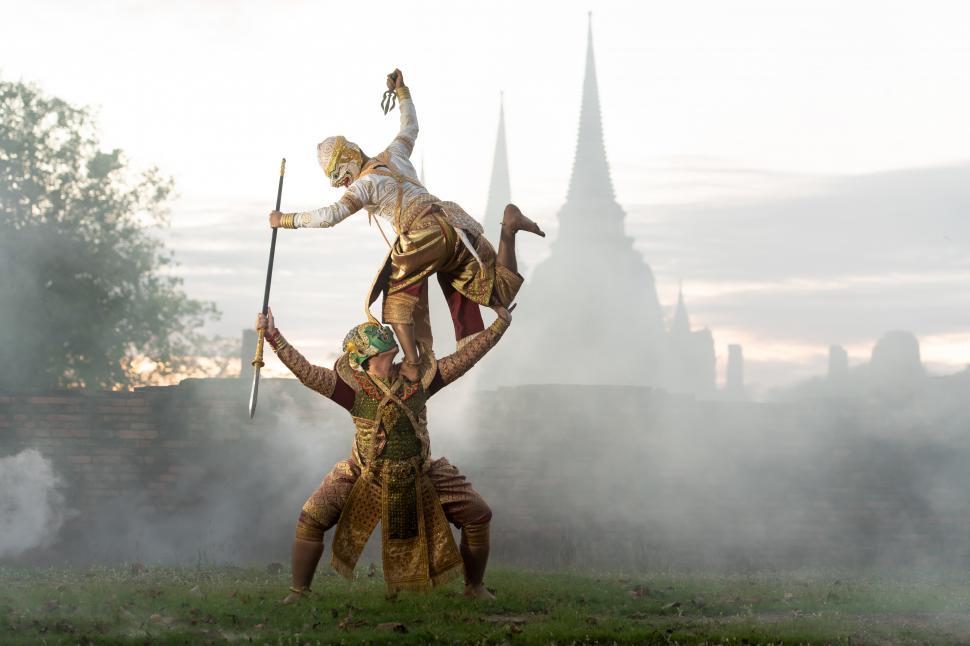 Free Image of The battle between the giant and Hanuman. Khon, Is a classical Thai dance 
