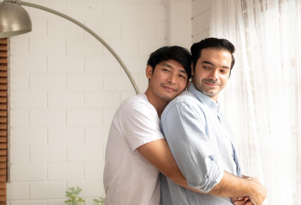 Free Image of Happy young couple - man embraces his boyfriend or husband by the window 