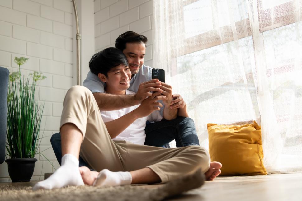 Free Image of Taking a selfie of a man and his boyfriend or husband, relaxing at home 