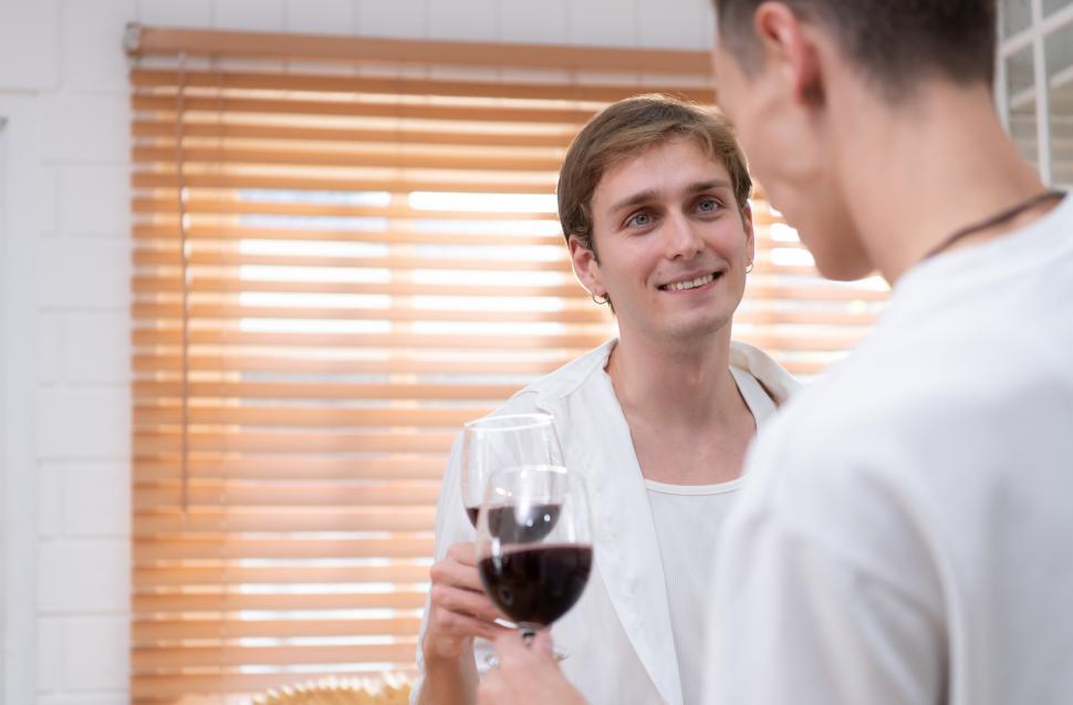 Free Image of LGBT Young couple share a glass of wine after cooking together 