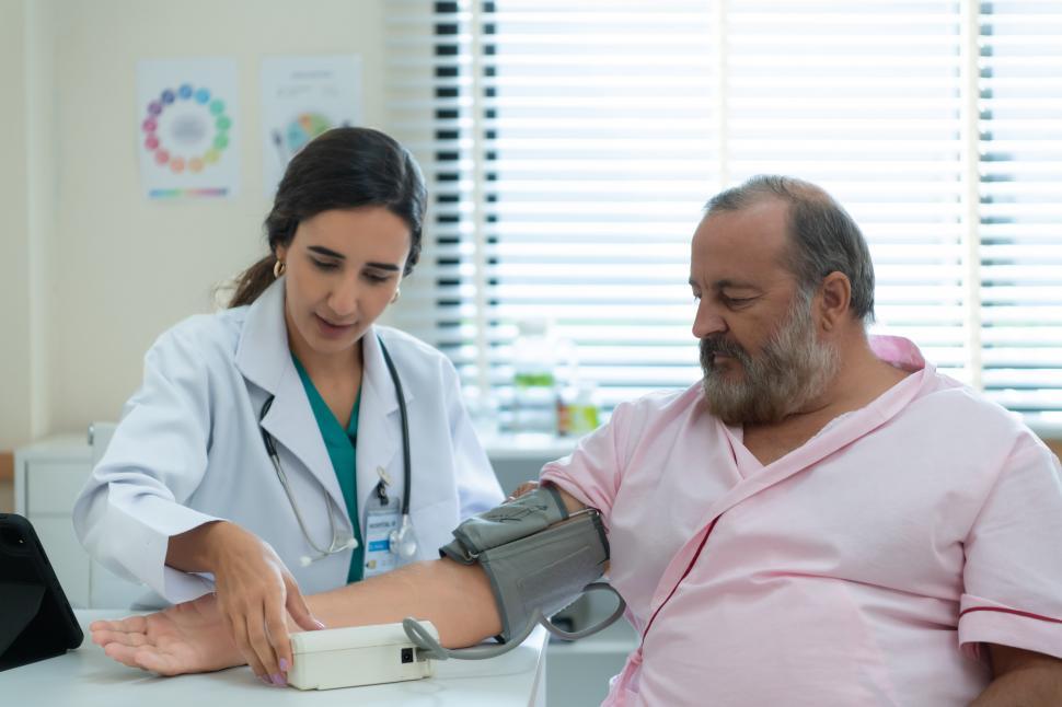 Free Image of The doctor measures the patient blood pressure 