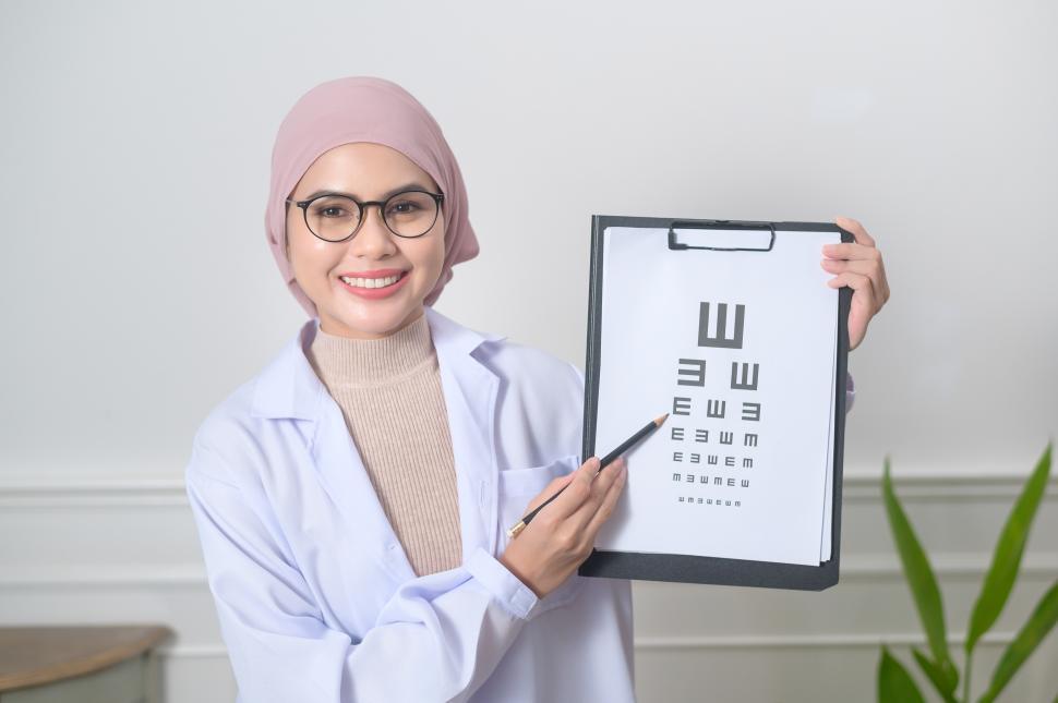 Free Image of Female muslim ophthalmologist holding a vision chart test for visual acuity 