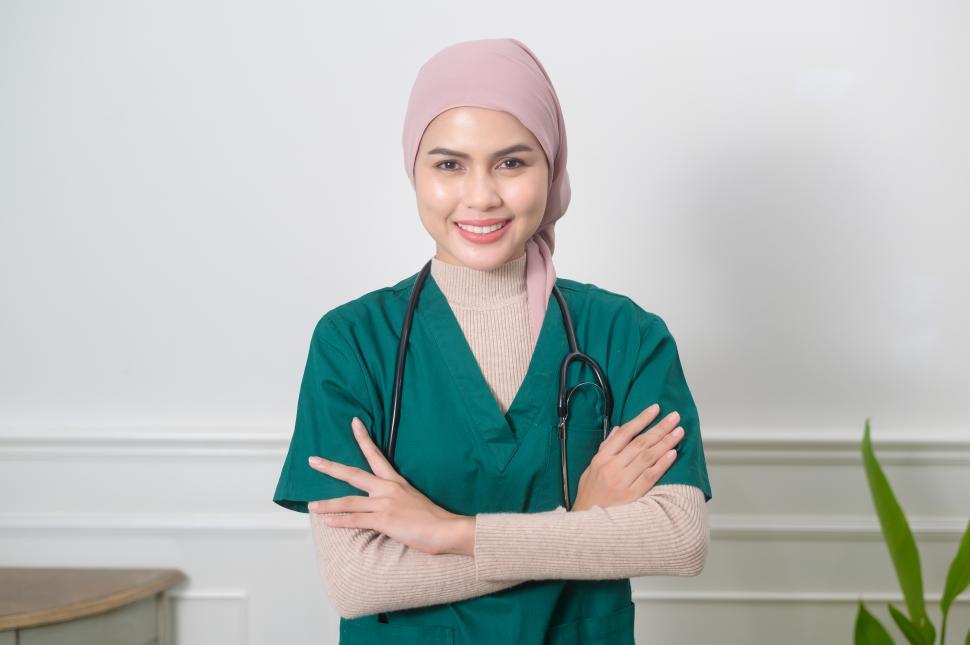 Free Image of Portrait of Female muslim doctor with stethoscope at office. 