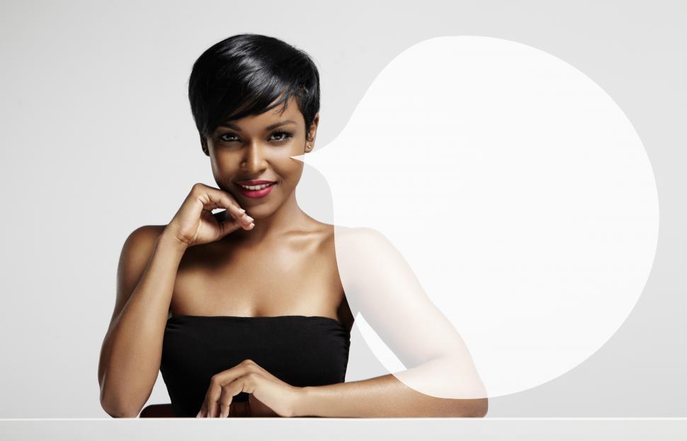 Free Image of pretty black woman with a transparent speech bubble 