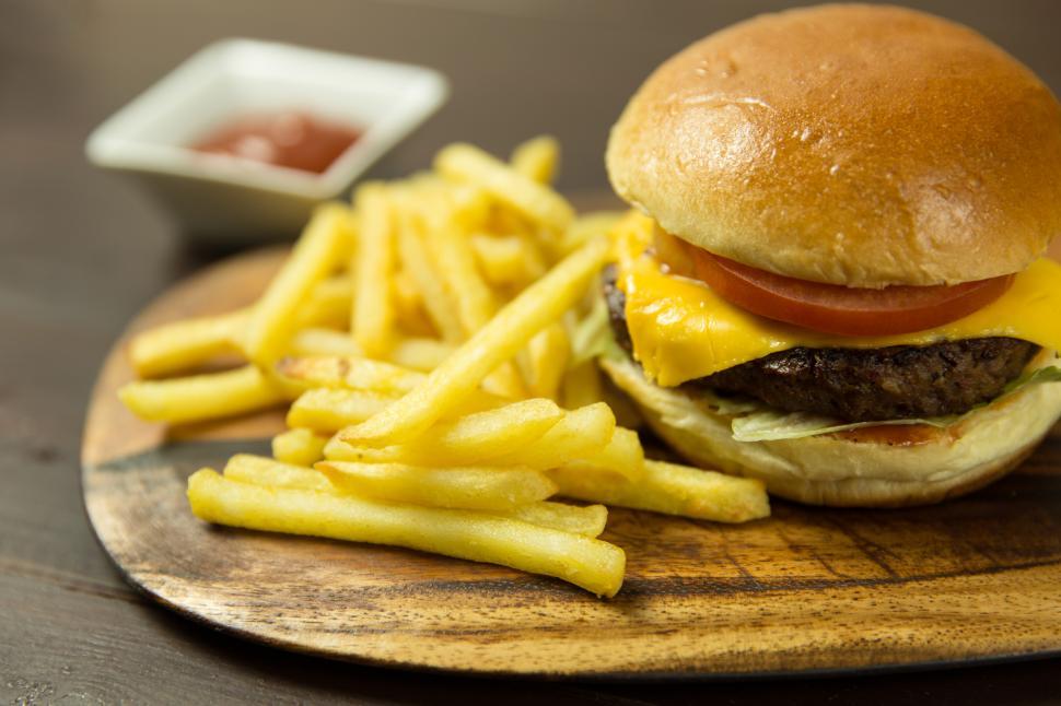 Free Image of Cheeseburger, Fries & Ketchup Free Stock Photo 