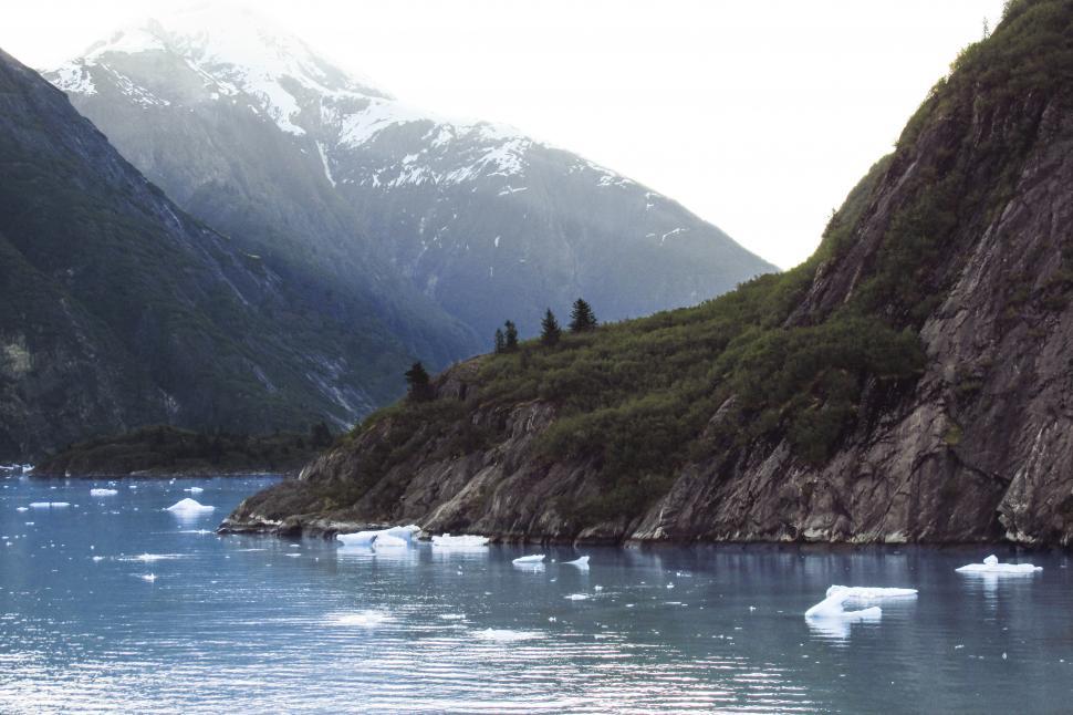 Free Image of A body of water with icebergs and mountains with tracy arm in the background 